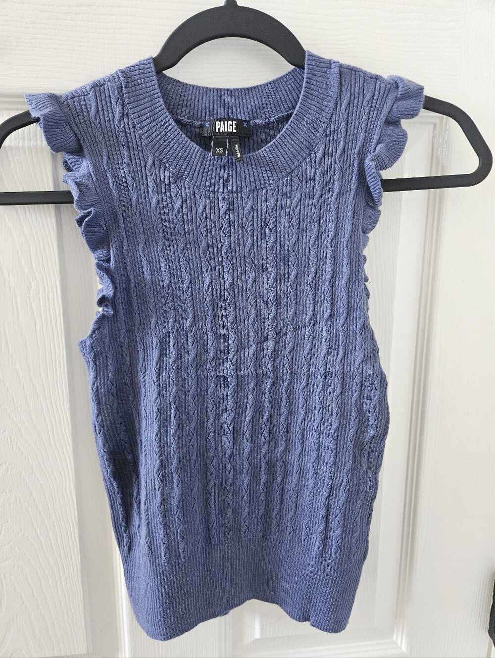 PAIGE Gardenia Ruffle Sleeveless Cable Knit Sweater Blue Yonder XS